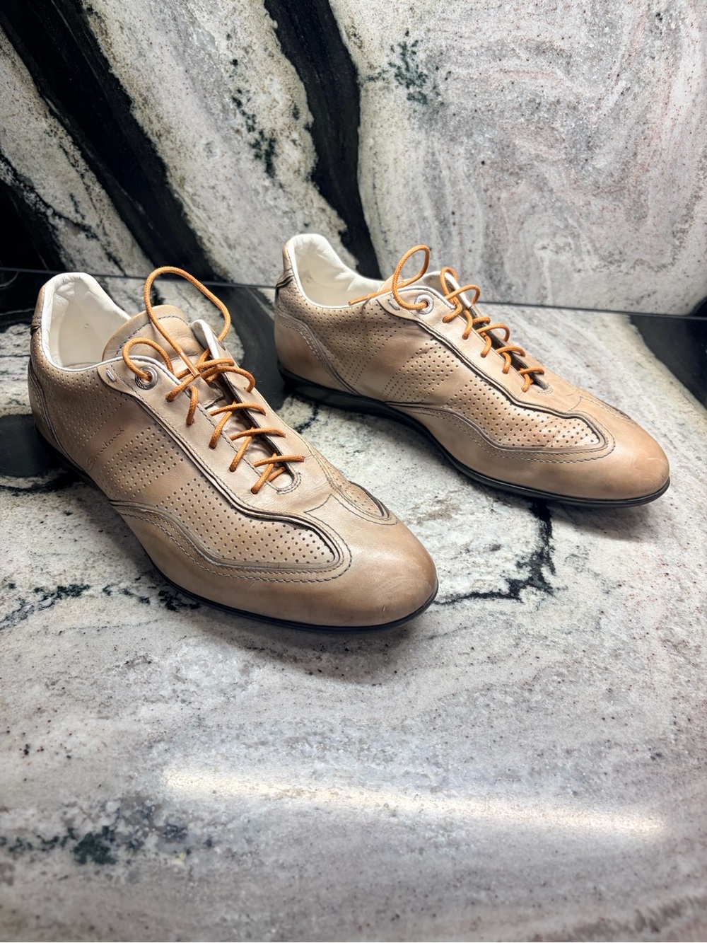 Santoni Leather Perforated Sneakers Taupe UK 8.5 US 9.5 Made in Italy